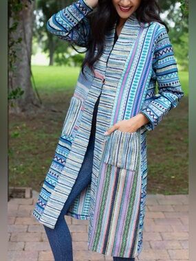Sacred Threads Striped Boho Long Cardigan Coat in Blue & Pastels